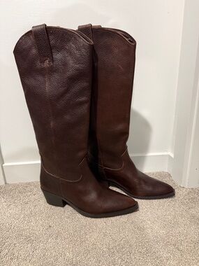 Zara Brown Leather Knee-High Heeled Boots